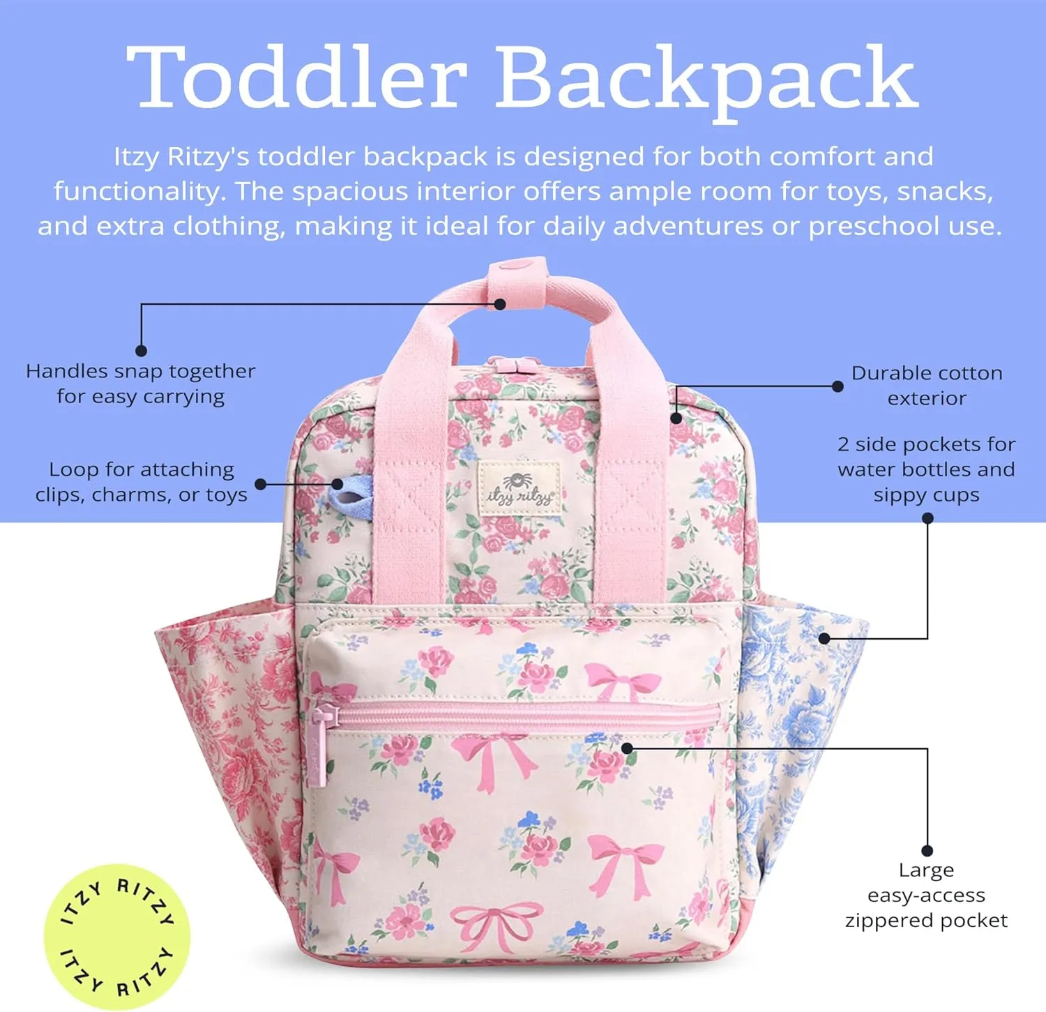 Itzy Ritzy Toddler Backpack - Daycare Bag - Features Adjustable Shoulder Straps, 2 Side Pockets & Spacious Interior with Wipeable Fabric Lining & Name Label, Ribbons & Roses Backpack