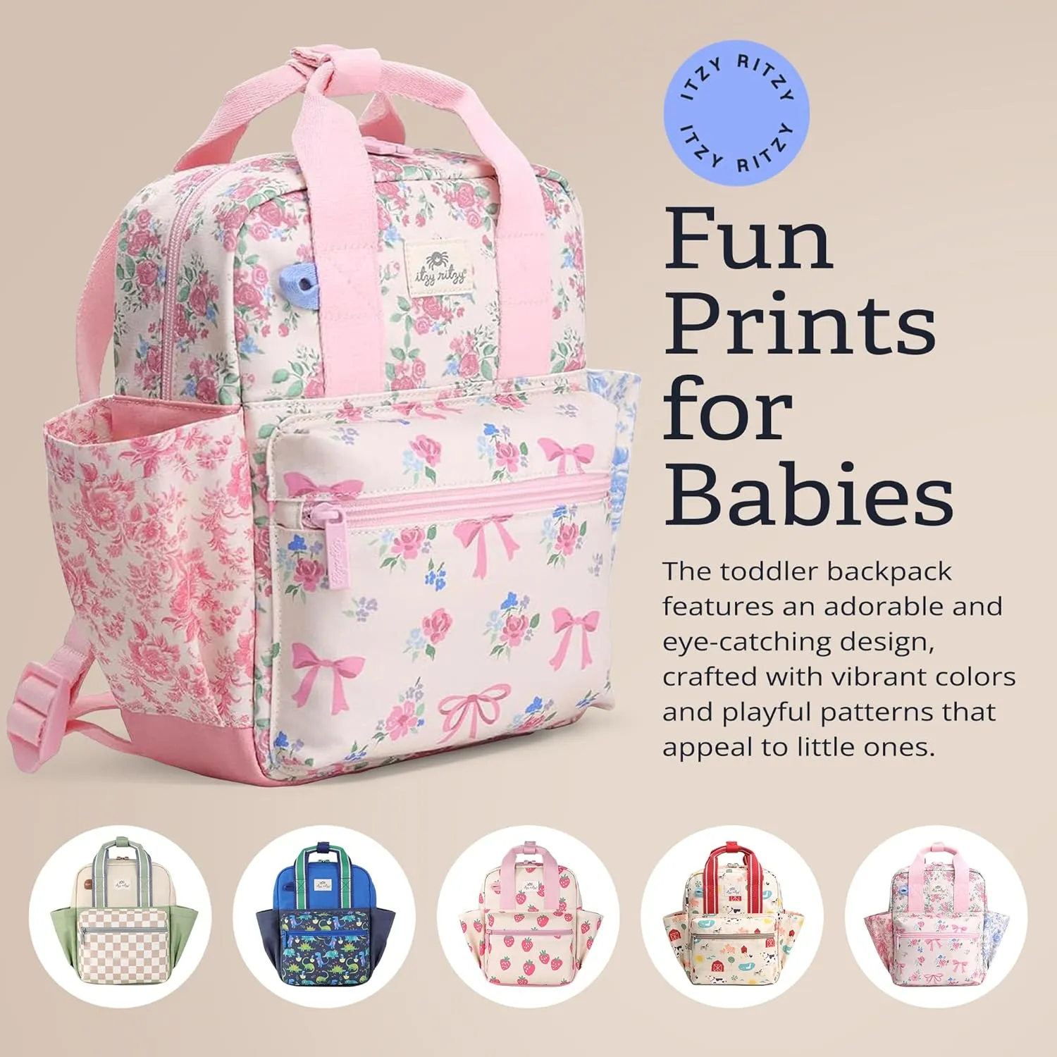 Itzy Ritzy Toddler Backpack - Daycare Bag - Features Adjustable Shoulder Straps, 2 Side Pockets & Spacious Interior with Wipeable Fabric Lining & Name Label, Ribbons & Roses Backpack