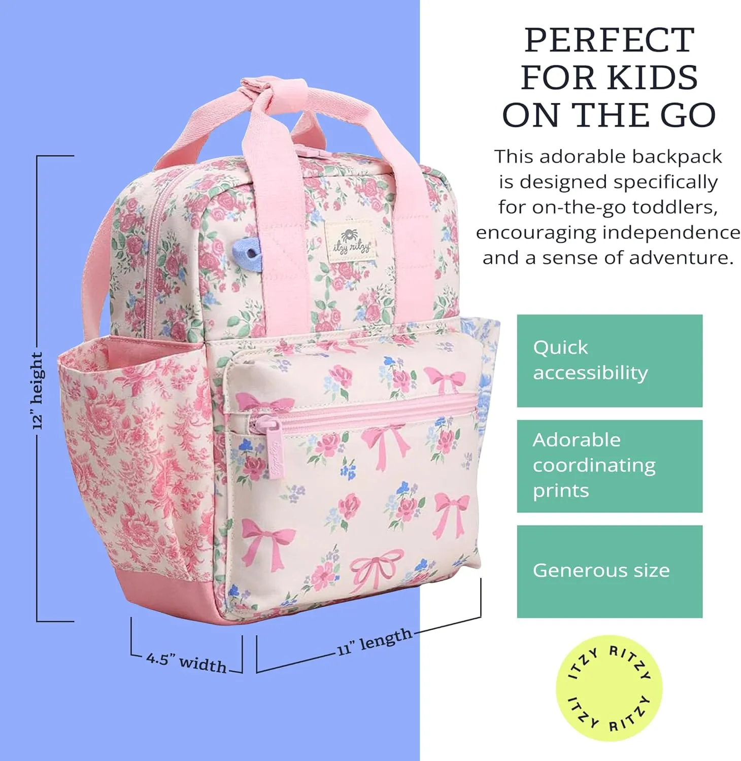 Itzy Ritzy Toddler Backpack - Daycare Bag - Features Adjustable Shoulder Straps, 2 Side Pockets & Spacious Interior with Wipeable Fabric Lining & Name Label, Ribbons & Roses Backpack