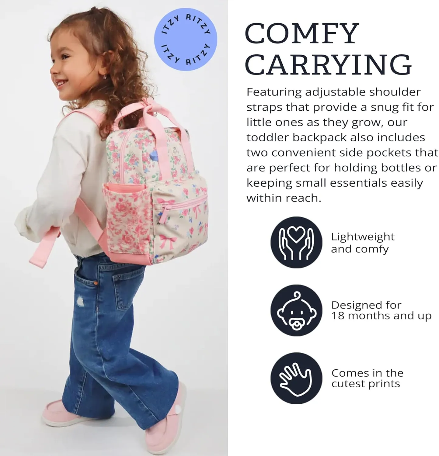 Itzy Ritzy Toddler Backpack - Daycare Bag - Features Adjustable Shoulder Straps, 2 Side Pockets & Spacious Interior with Wipeable Fabric Lining & Name Label, Ribbons & Roses Backpack