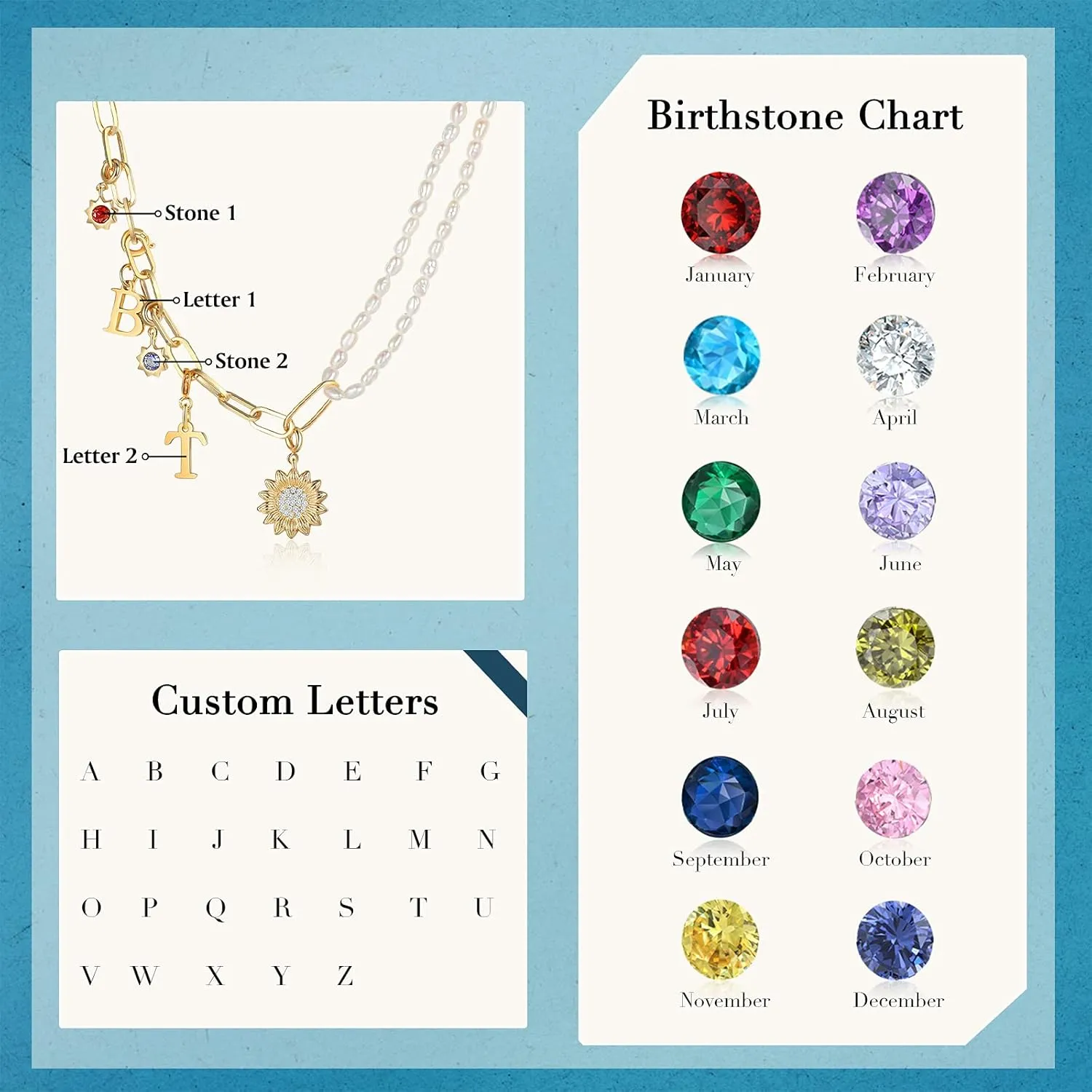 JewelOra Personalized Pearl Necklace for Women Customized Sunflower Letters Necklace Pendant with Simulated Birthstones Name Necklace Pendant Jewelry Gifts for Women Sister Friend