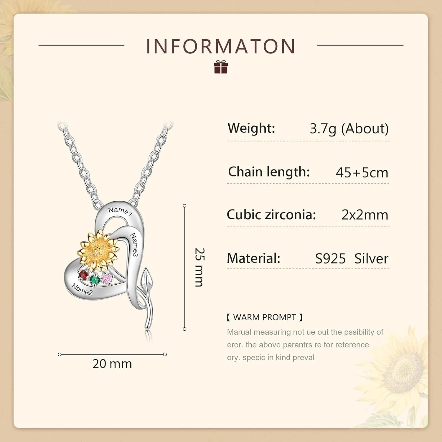 JewelOra Personalized Sunflower Necklace Customized Flower Heart Necklace Pendant with Simulated Birthstones You Are My Sunshine Sterling Silver Necklace Jewelry Gifts for Women Mom Wife