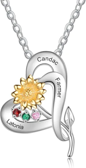 JewelOra Personalized Sunflower Necklace Customized Flower Heart Necklace Pendant with Simulated Birthstones You Are My Sunshine Sterling Silver Necklace Jewelry Gifts for Women Mom Wife
