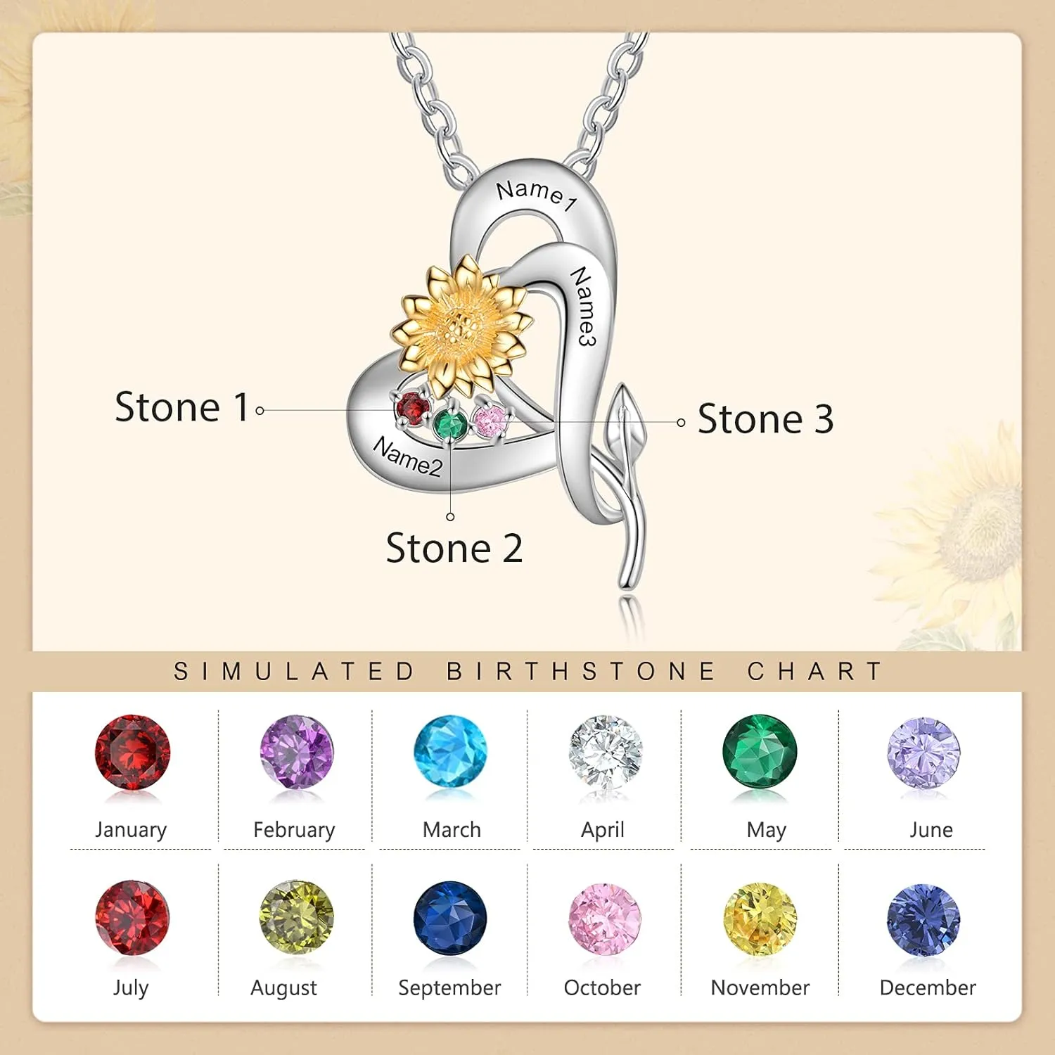 JewelOra Personalized Sunflower Necklace Customized Flower Heart Necklace Pendant with Simulated Birthstones You Are My Sunshine Sterling Silver Necklace Jewelry Gifts for Women Mom Wife
