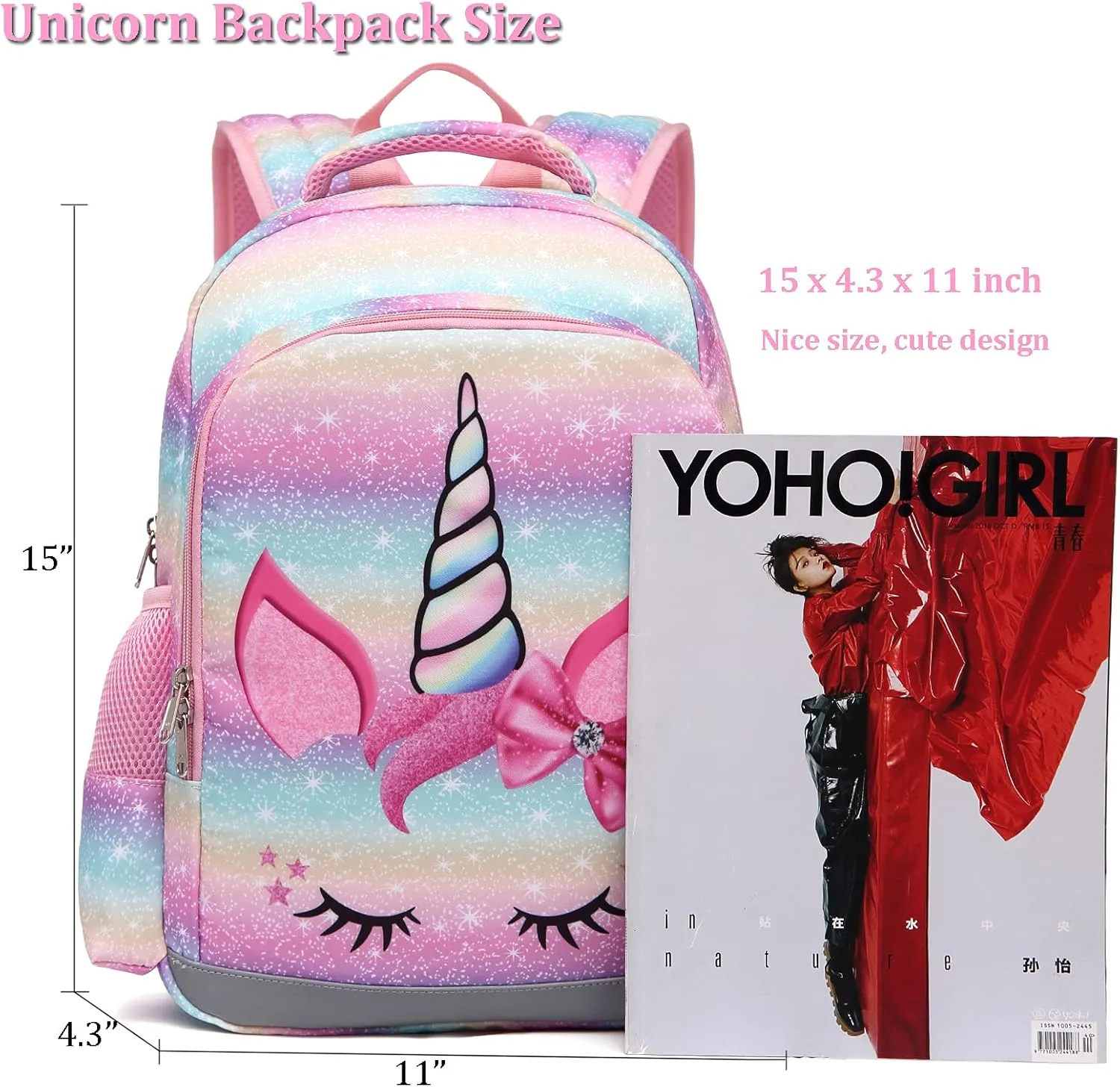 JIANYA Kids Backpack for Girls, Preschool Kindergarten School Bag with Lunch Box & Chest Strap, 15" Tall