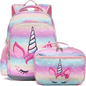 JIANYA Kids Backpack for Girls, Preschool Kindergarten School Bag with Lunch Box & Chest Strap, 15" Tall