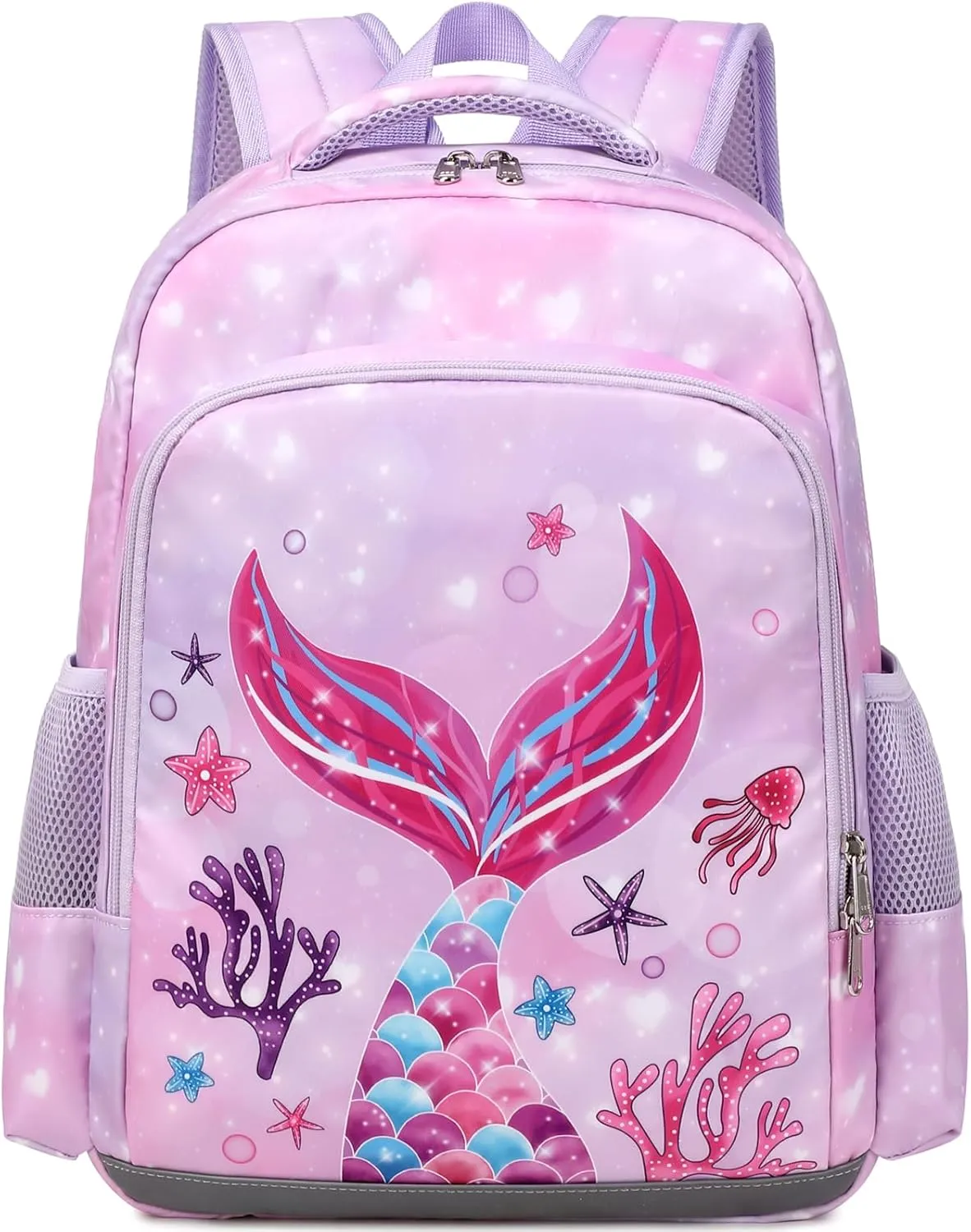 JIANYA Kids Backpack for School Girls, Kindergarten Girls School Book Bag with Chest Strap, Preschool Elementary Kids Backpack with Lunch Box, Mermaid Light Purple