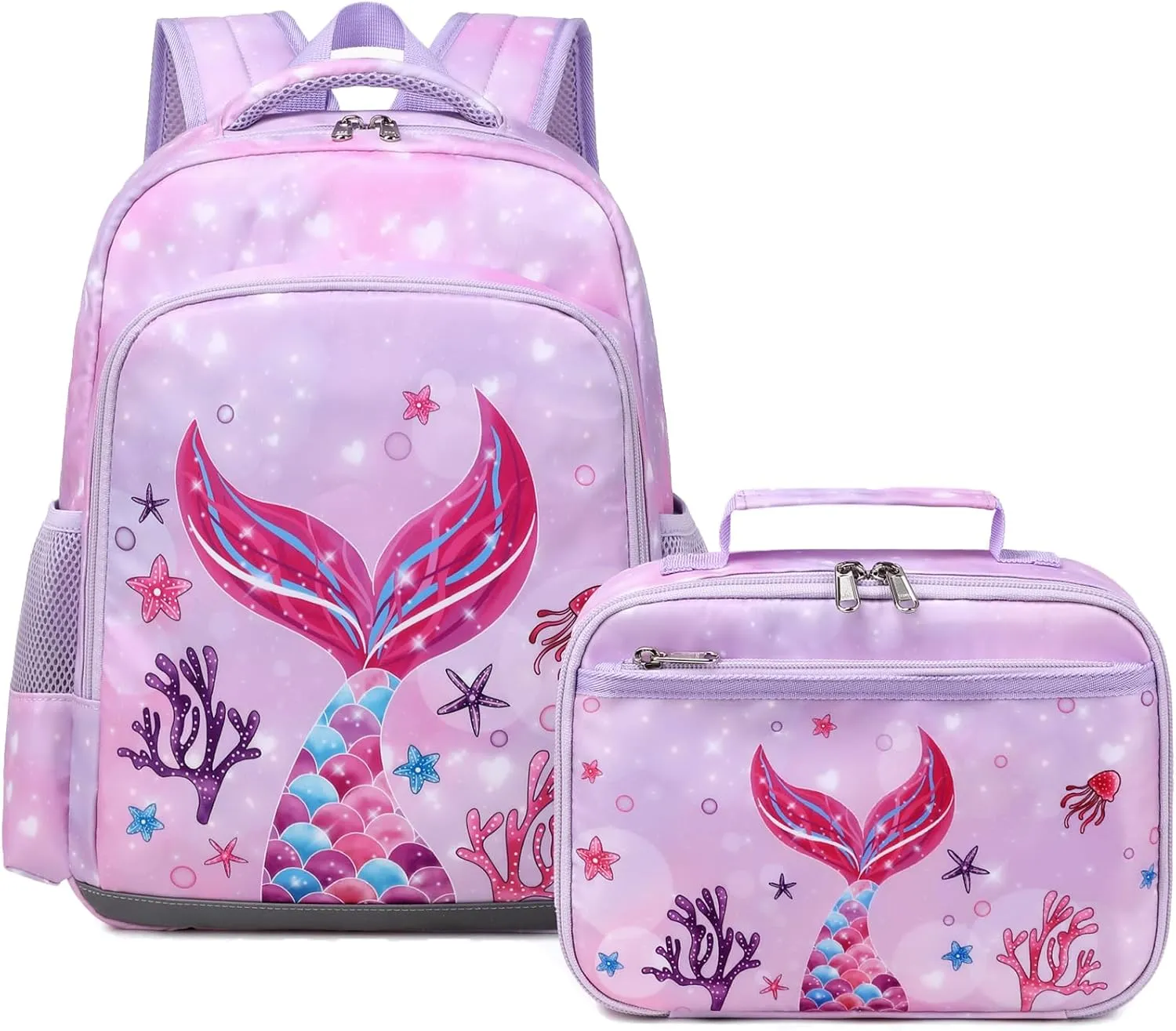 JIANYA Kids Backpack for School Girls, Kindergarten Girls School Book Bag with Chest Strap, Preschool Elementary Kids Backpack with Lunch Box, Mermaid Light Purple