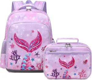 JIANYA Kids Backpack for School Girls, Kindergarten Girls School Book Bag with Chest Strap, Preschool Elementary Kids Backpack with Lunch Box, Mermaid Light Purple