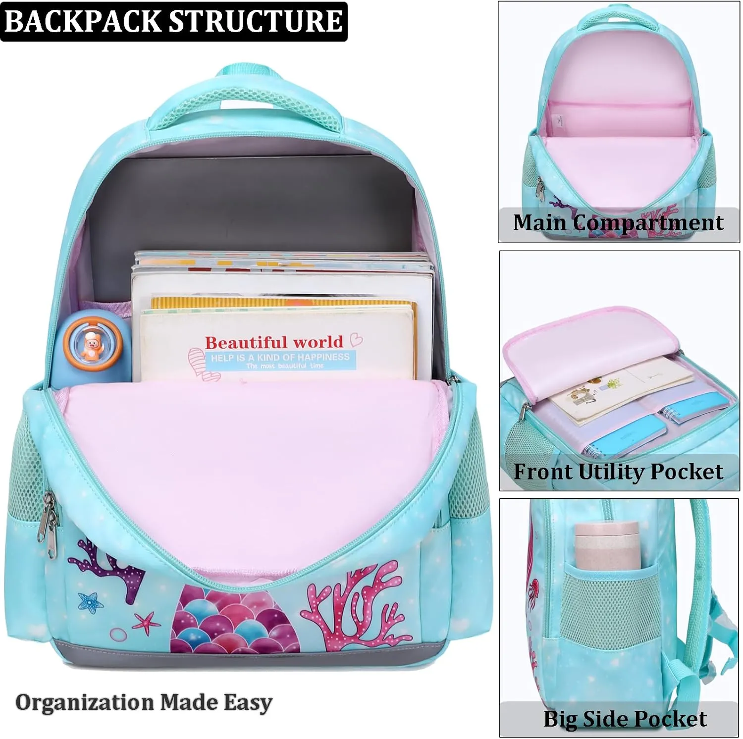 JIANYA Kids Backpack for School Girls, Kindergarten Girls School Book Bag with Chest Strap, Preschool Elementary Kids Backpack with Lunch Box, Mermaid Light Purple