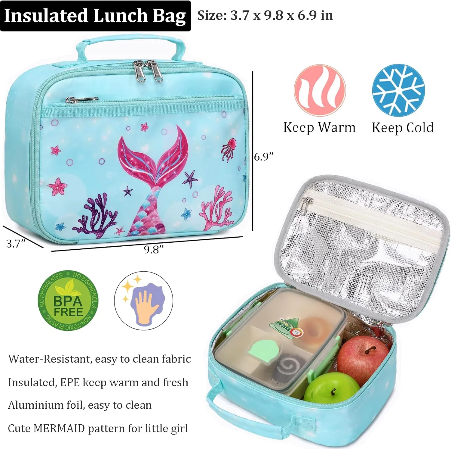 JIANYA Kids Backpack for School Girls, Kindergarten Girls School Book Bag with Chest Strap, Preschool Elementary Kids Backpack with Lunch Box, Mermaid Light Purple
