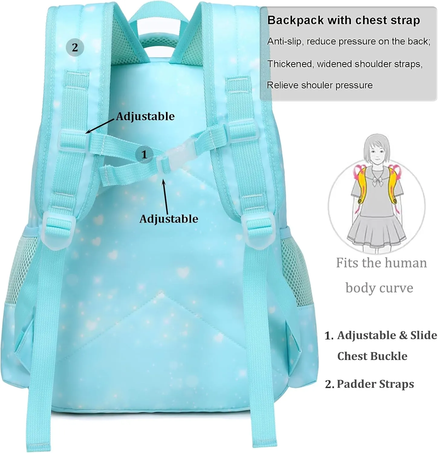 JIANYA Kids Backpack for School Girls, Kindergarten Girls School Book Bag with Chest Strap, Preschool Elementary Kids Backpack with Lunch Box, Mermaid Light Purple