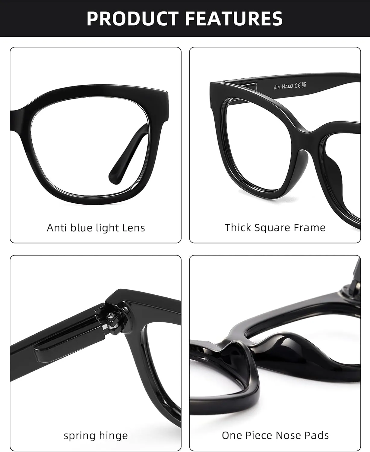 JIM HALO Oversized Blue Light Glasses for Women Square Chunky Bluelight Computer Glasses Reduce Eye Strain