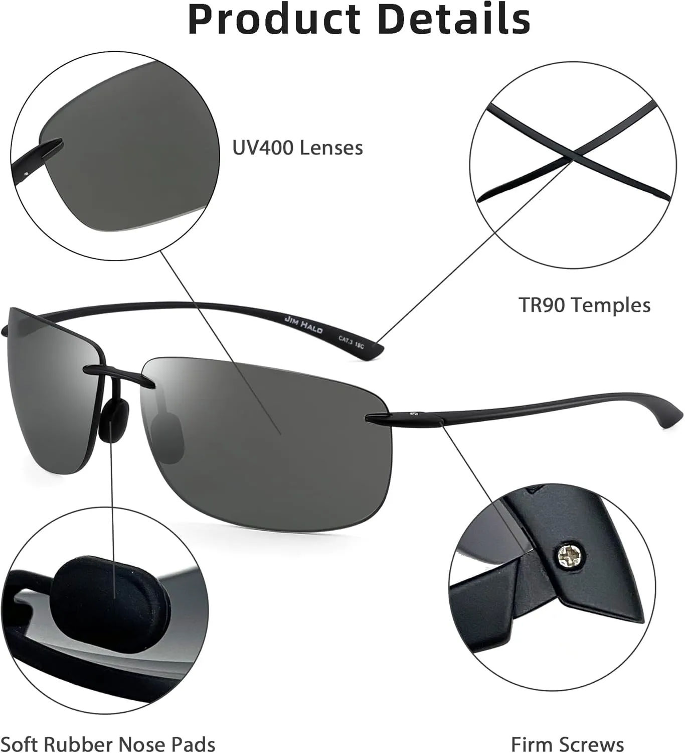 JIM HALO Sport Sunglasses for Men Women TR90 Rimless Frame for Running Fishing Cycling Driving