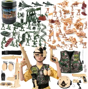 JOYIN 164-Piece Military Soldier Playset & 12-Piece Army Soldier Costume Set – Army Men, Vehicles, Tanks, Helicopters, Action Figures, & Combat Gear – Perfect Halloween, Christmas & Birthday Gift