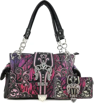 Justin West Camouflage Tree Branches Bling Rhinestone Cross Wings Buckle Crossbody Chain Messenger and Purse