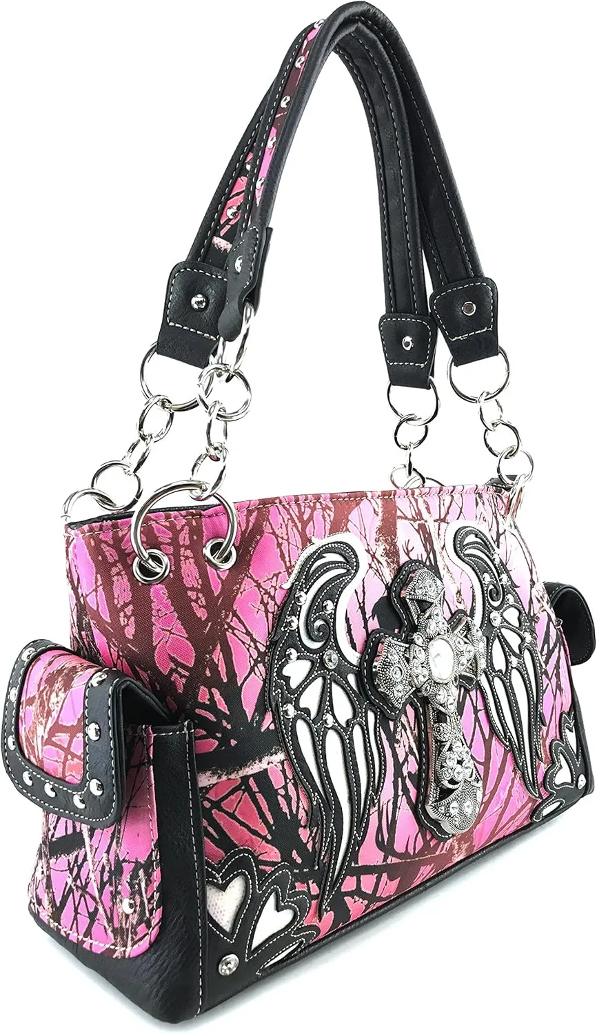 Justin West Camouflage Tree Branches Bling Rhinestone Cross Wings Buckle Crossbody Chain Messenger and Purse