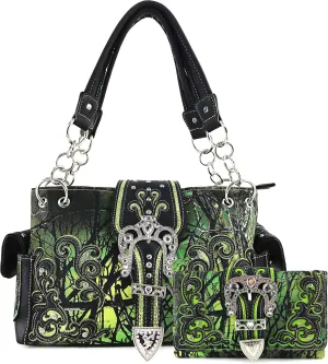 Justin West Camouflage Tree Branches Bling Rhinestone Cross Wings Buckle Crossbody Chain Messenger and Purse
