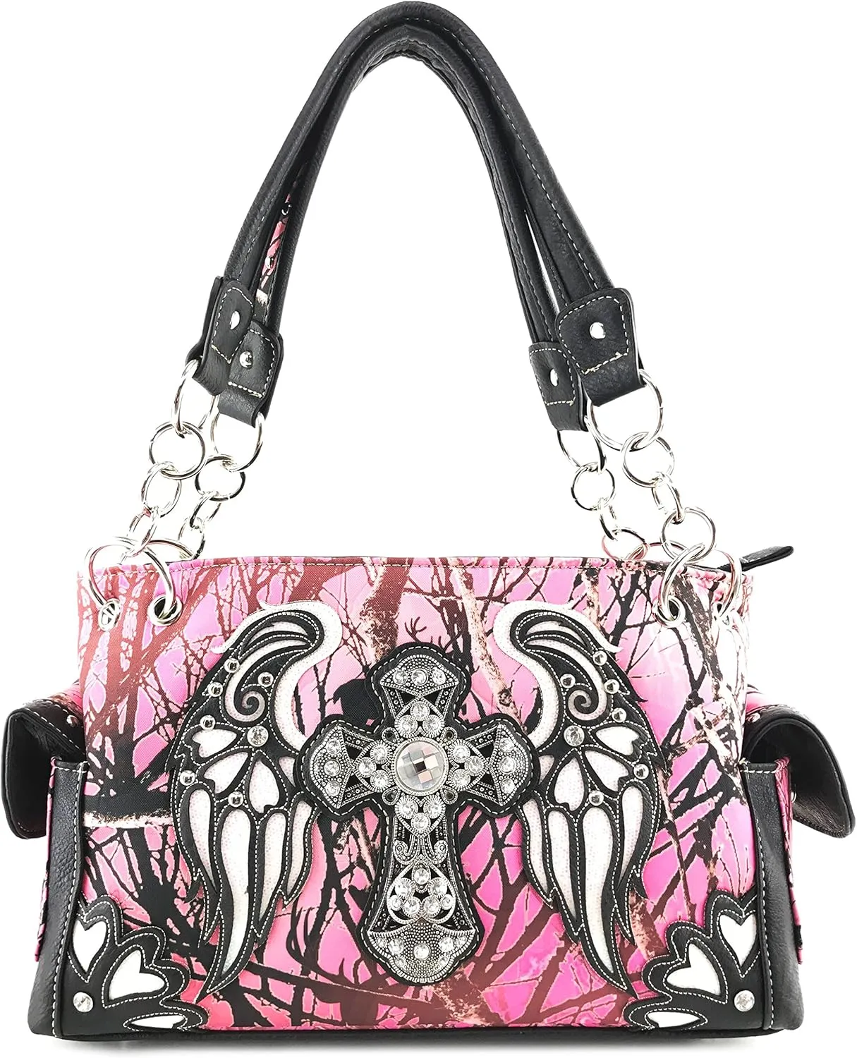 Justin West Camouflage Tree Branches Bling Rhinestone Cross Wings Buckle Crossbody Chain Messenger and Purse