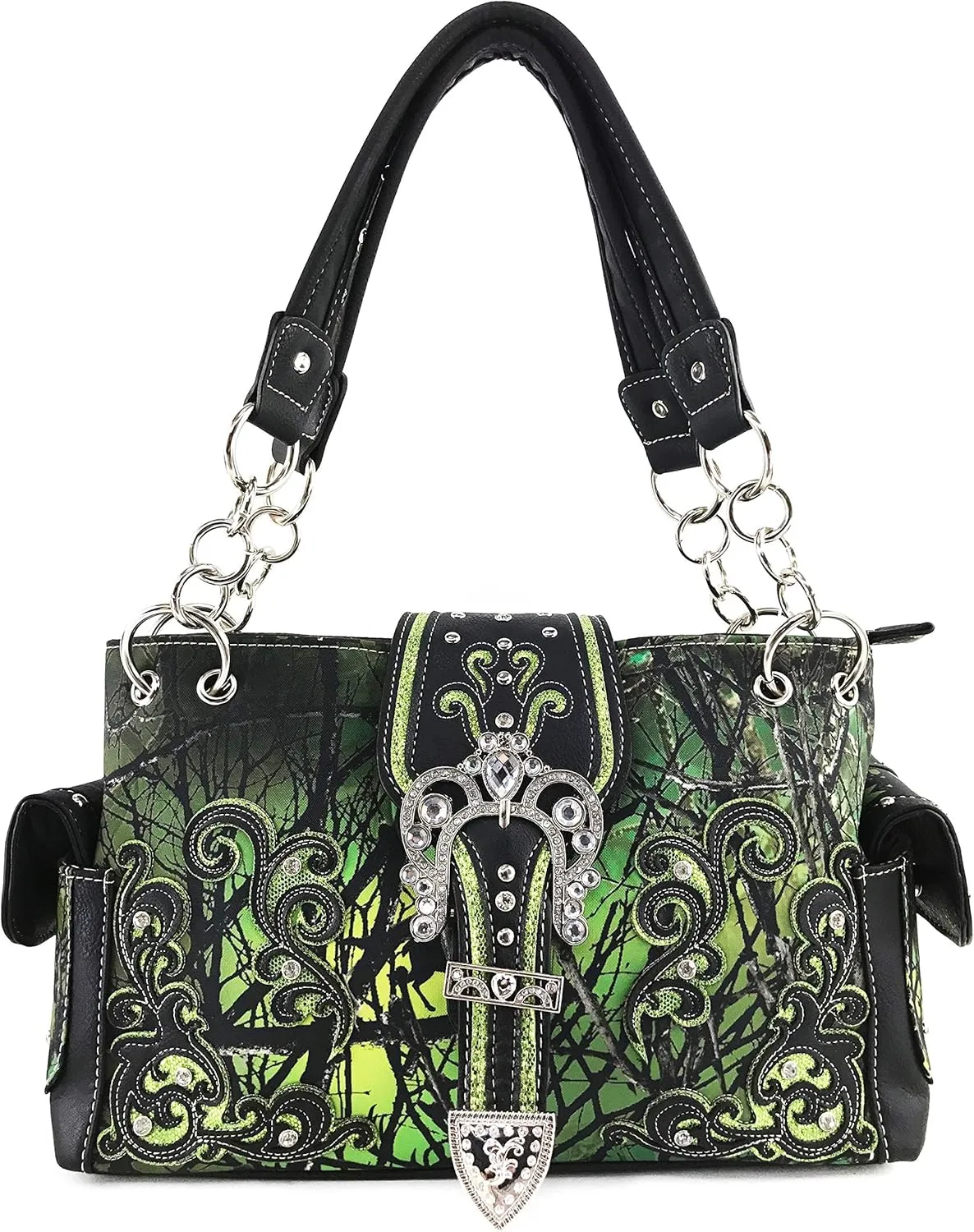 Justin West Camouflage Tree Branches Bling Rhinestone Cross Wings Buckle Crossbody Chain Messenger and Purse