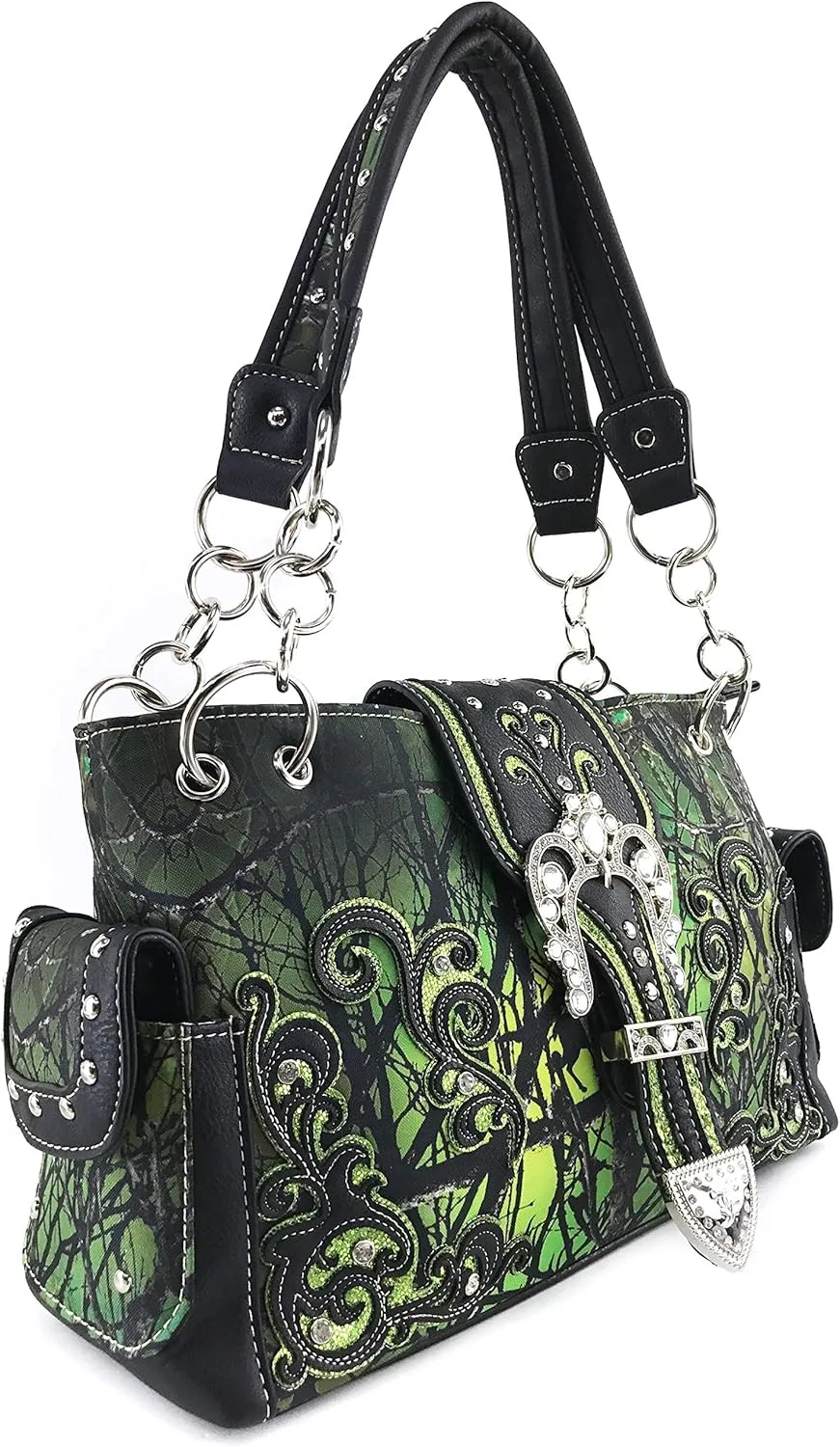 Justin West Camouflage Tree Branches Bling Rhinestone Cross Wings Buckle Crossbody Chain Messenger and Purse