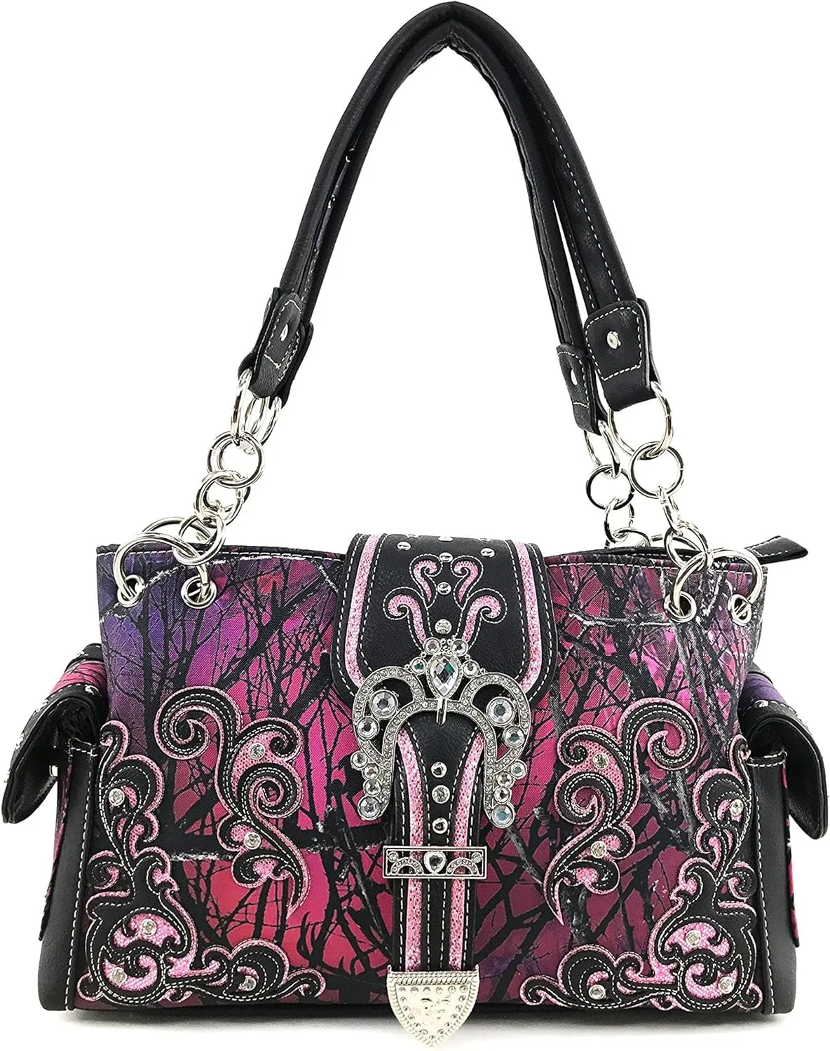 Justin West Camouflage Tree Branches Bling Rhinestone Cross Wings Buckle Crossbody Chain Messenger and Purse