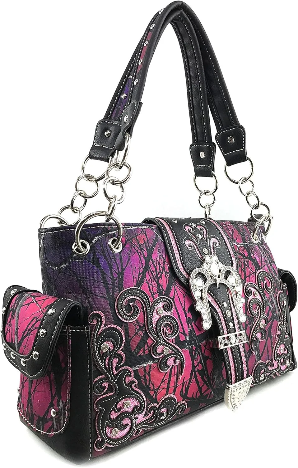 Justin West Camouflage Tree Branches Bling Rhinestone Cross Wings Buckle Crossbody Chain Messenger and Purse