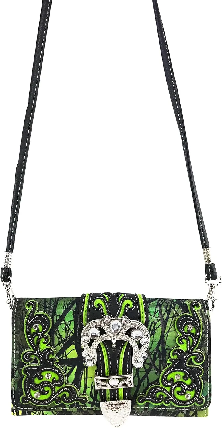 Justin West Camouflage Tree Branches Bling Rhinestone Cross Wings Buckle Crossbody Chain Messenger and Purse