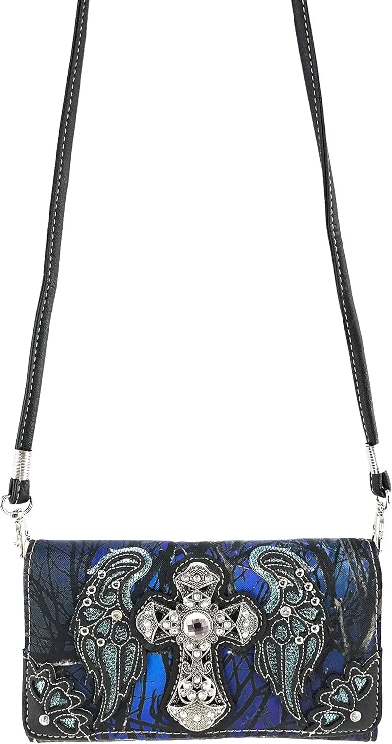 Justin West Camouflage Tree Branches Bling Rhinestone Cross Wings Handbag Purse Messenger Bags and Wallets