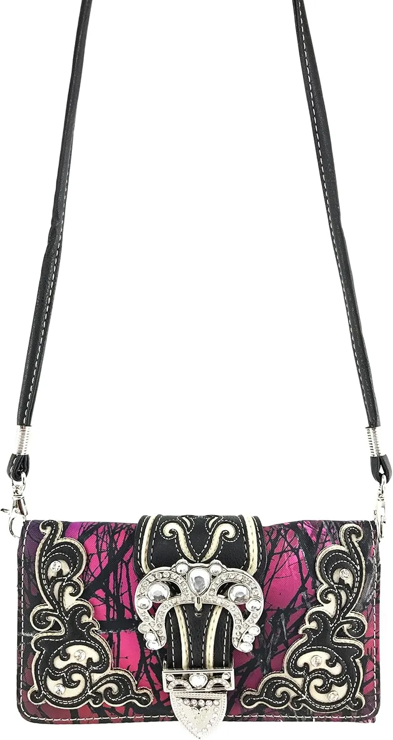 Justin West Camouflage Tree Branches Bling Rhinestone Cross Wings Handbag Purse Messenger Bags and Wallets