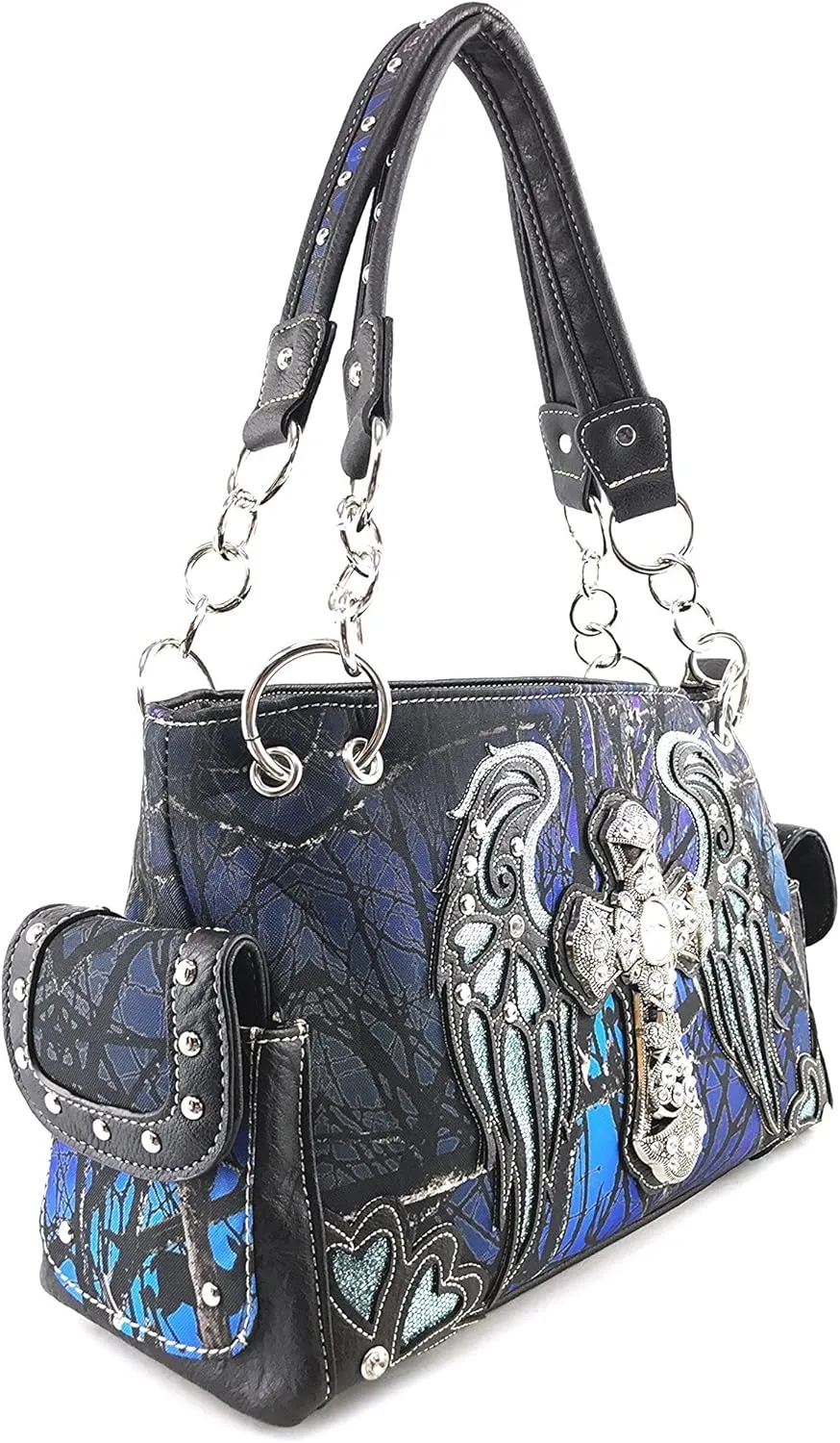 Justin West Camouflage Tree Branches Bling Rhinestone Cross Wings Handbag Purse Messenger Bags and Wallets