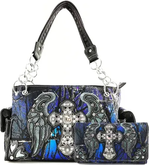 Justin West Camouflage Tree Branches Bling Rhinestone Cross Wings Handbag Purse Messenger Bags and Wallets
