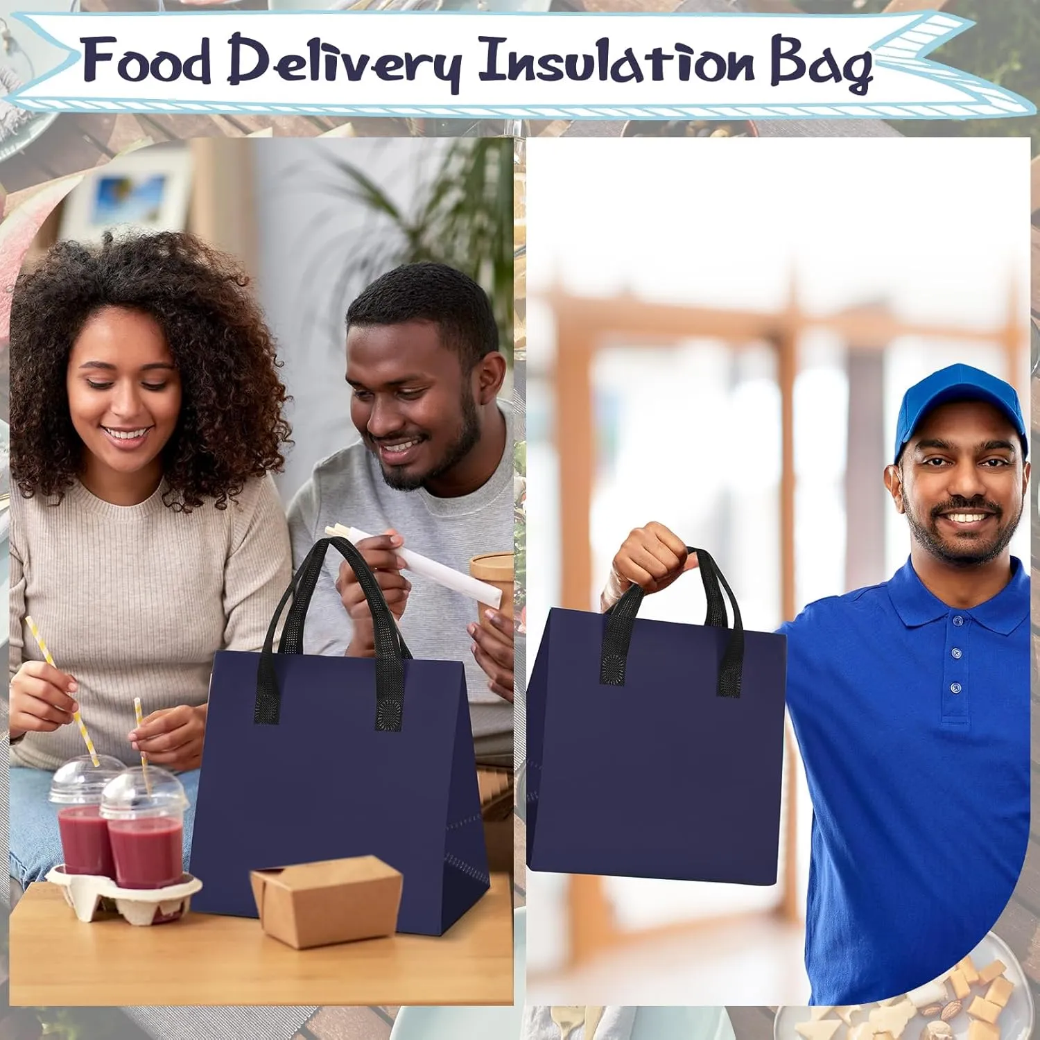 Kacctyen 150 Pcs Insulated Take Away Bags Bulk 9.5 x 9.5 x 6 in Thermal Insulation Food Coffee Milk Tea Hot Cold Seafood Cooler Pizza Delivery Bags for Restaurant Grocery(Navy Blue)