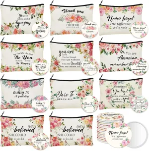 Kacctyen 20 Pcs Inspirational Gifts Canvas Cosmetic Bags Compact Mirrors Floral Makeup Bags Thank You Travel Toiletry Pouch Bulk Mothers Day Gifts for Church Women Teacher Coworker Employee