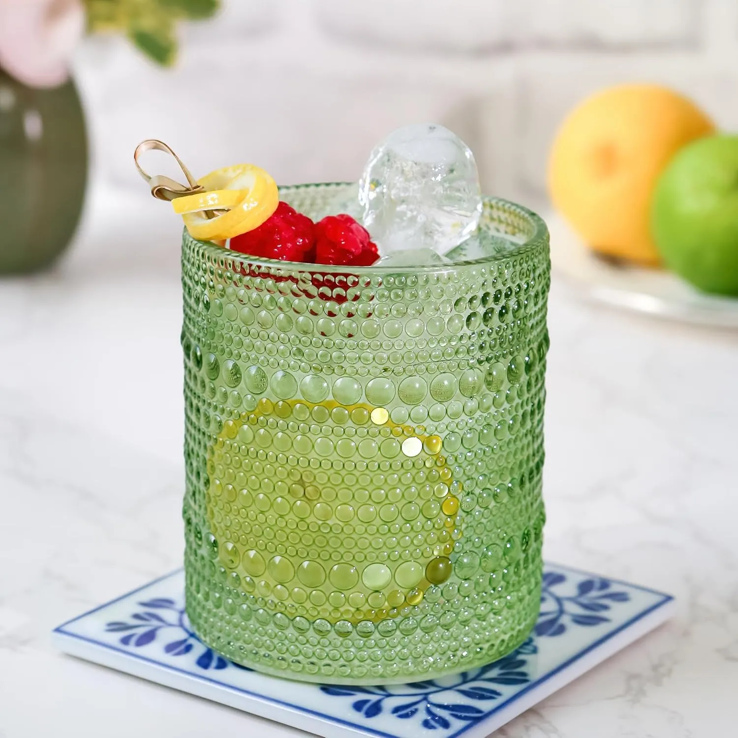 Kate Aspen Sage Green Hobnail Beaded Drinking Glasses Set of 6-10 oz Vintage Glassware Set Cocktail Glass Set, Juice Glass, Water Cups | Makes A Great Hostess Gift or Gift for New Home Owners