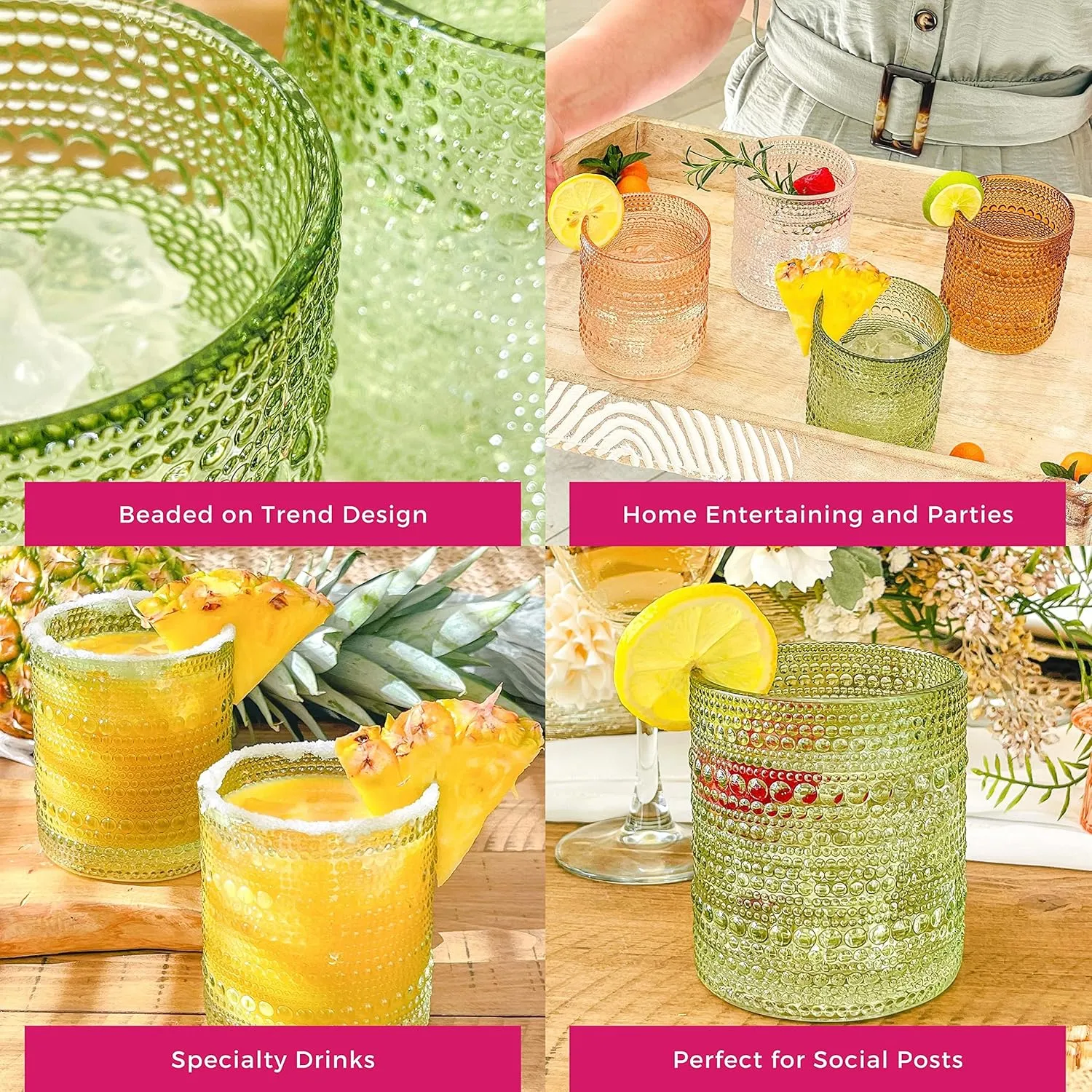 Kate Aspen Sage Green Hobnail Beaded Drinking Glasses Set of 6-10 oz Vintage Glassware Set Cocktail Glass Set, Juice Glass, Water Cups | Makes A Great Hostess Gift or Gift for New Home Owners