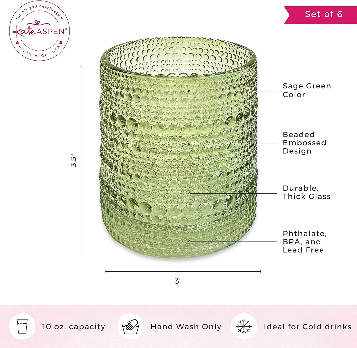 Kate Aspen Sage Green Hobnail Beaded Drinking Glasses Set of 6-10 oz Vintage Glassware Set Cocktail Glass Set, Juice Glass, Water Cups | Makes A Great Hostess Gift or Gift for New Home Owners