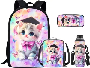 Kawaii Cat 5th Grade Backpack for Girls Bookbags with Lunch Box Bottle Sleeve Pencil Case Middle School Backpacks for Teen Girls Kids School Bag for School Hiking Daypack