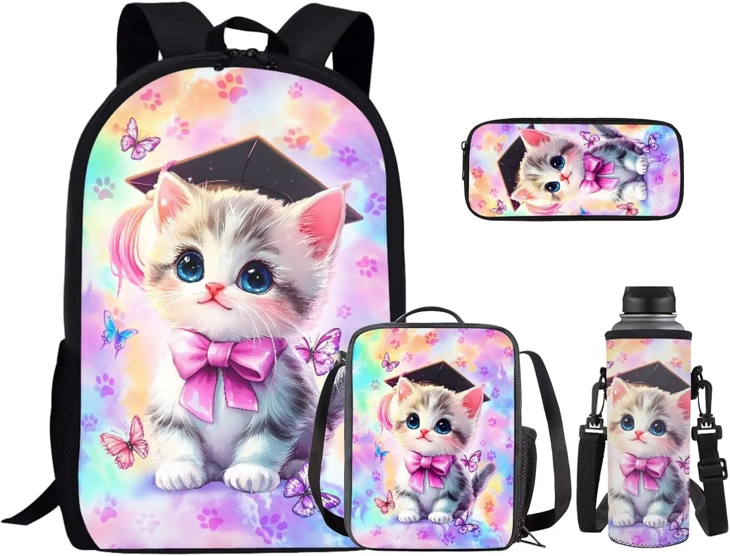 Kawaii Cat 5th Grade Backpack for Girls Bookbags with Lunch Box Bottle Sleeve Pencil Case Middle School Backpacks for Teen Girls Kids School Bag for School Hiking Daypack