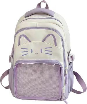 Kawaii Cat Ita Bag Backpack with Pin Badge Display Stylish Travel Bag for Women, Lightweight Design for Fashion Lovers (Purple)