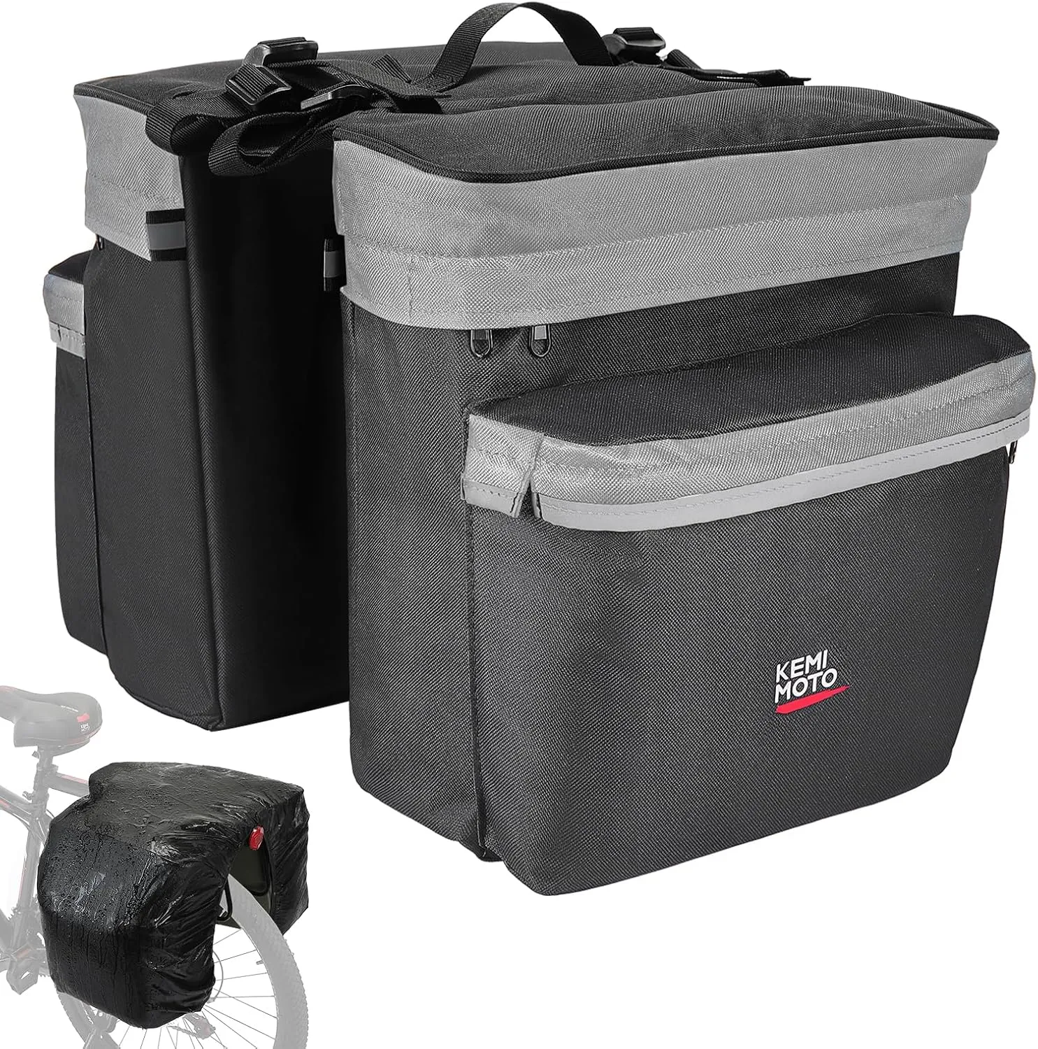 KEMIMOTO Bike Bag Bicycle Panniers Rear Rack Bag, 34L Large Capacity Water Resistant Bicycle Trunk Bag, Bike Saddle Bag for Grocery Shopping, Support for Width Less Than 6 inches Bike Rack, Grey