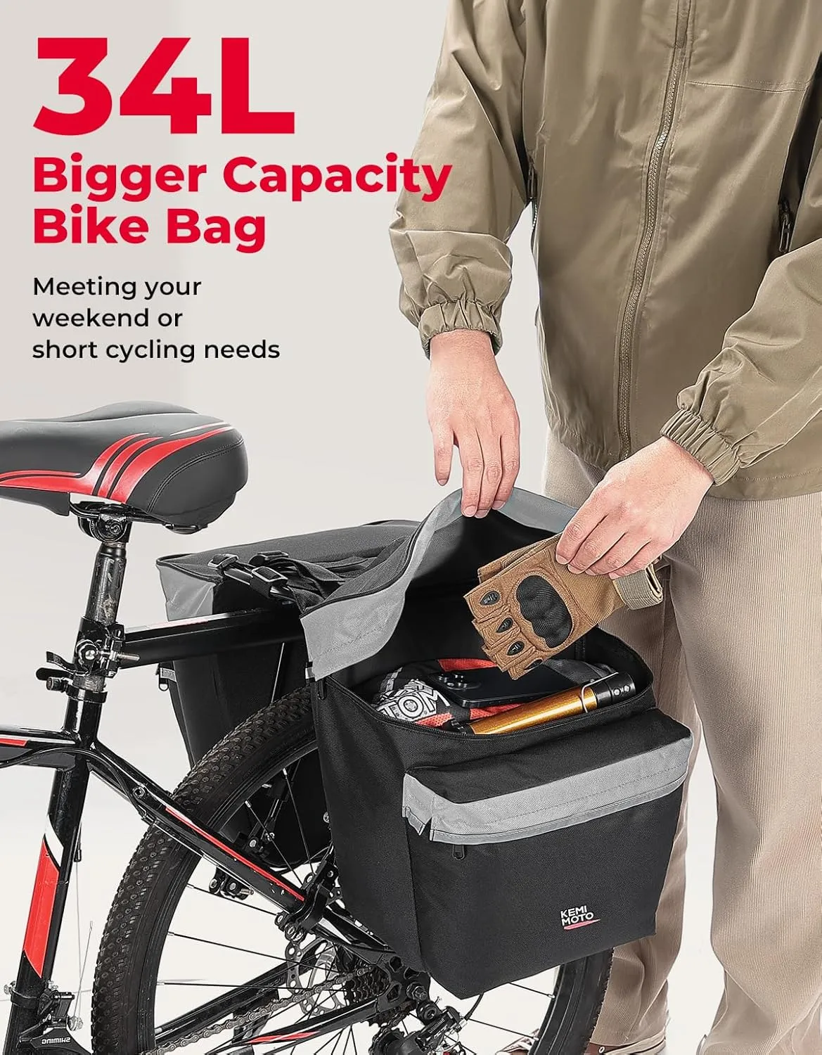 KEMIMOTO Bike Bag Bicycle Panniers Rear Rack Bag, 34L Large Capacity Water Resistant Bicycle Trunk Bag, Bike Saddle Bag for Grocery Shopping, Support for Width Less Than 6 inches Bike Rack, Grey