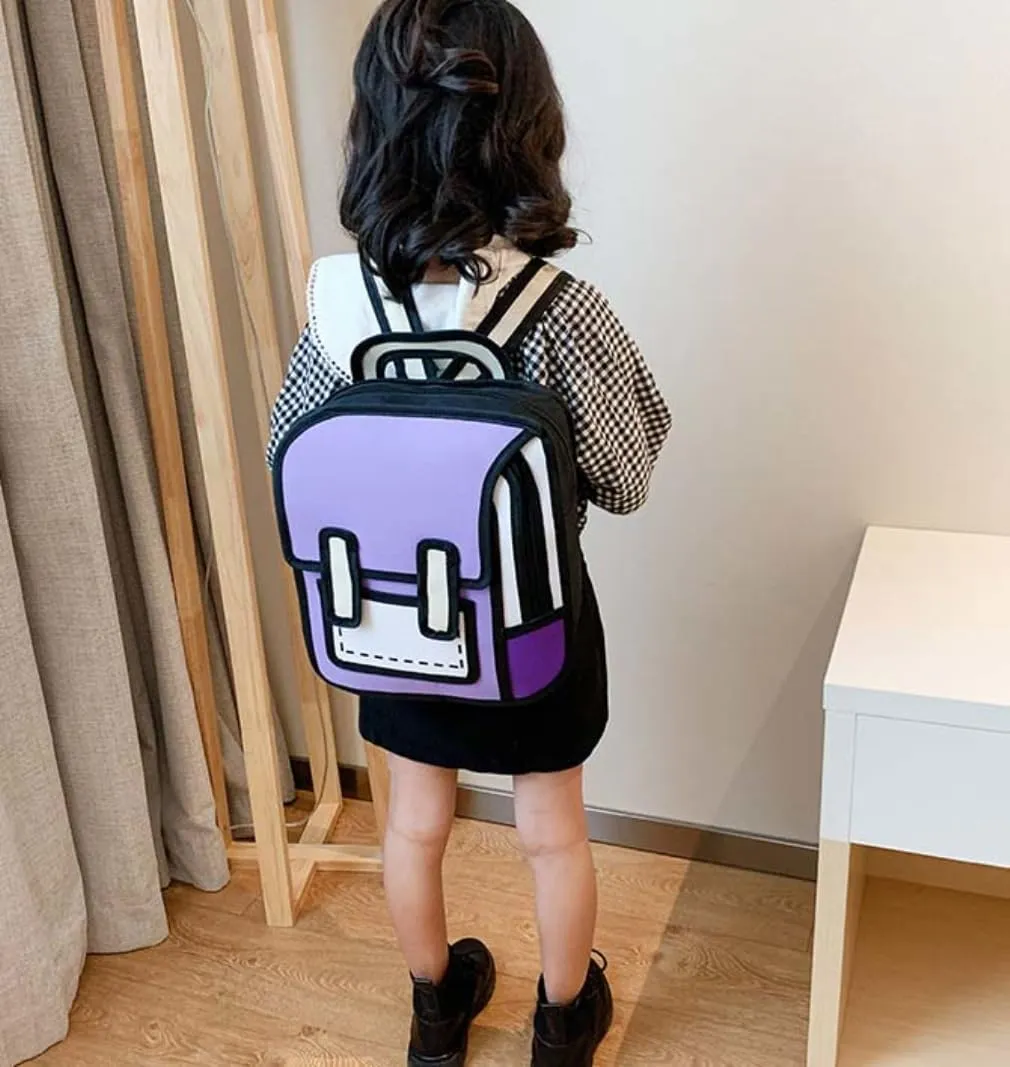 Kid Girls Boys Jump Style 3D Backpack 2D Drawing Anime Comic Cartoon Backpack Daypack (Purple)
