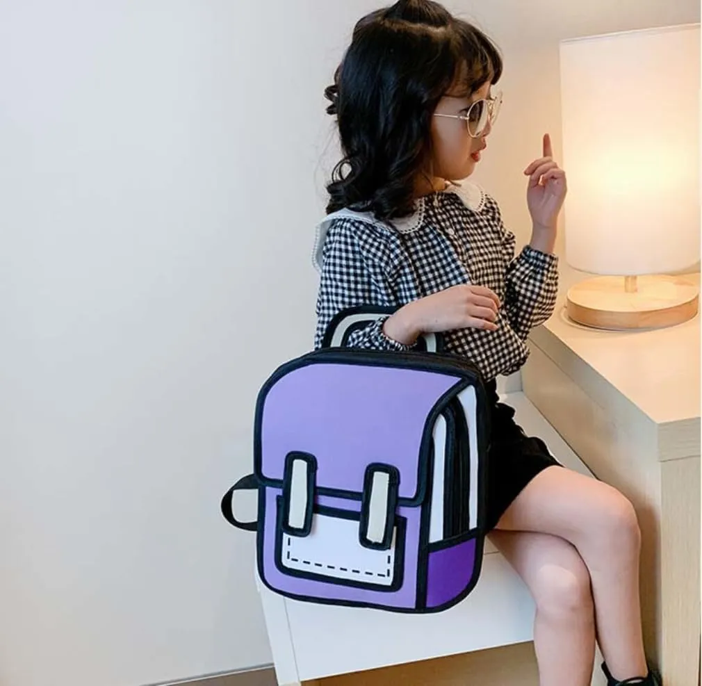 Kid Girls Boys Jump Style 3D Backpack 2D Drawing Anime Comic Cartoon Backpack Daypack (Purple)
