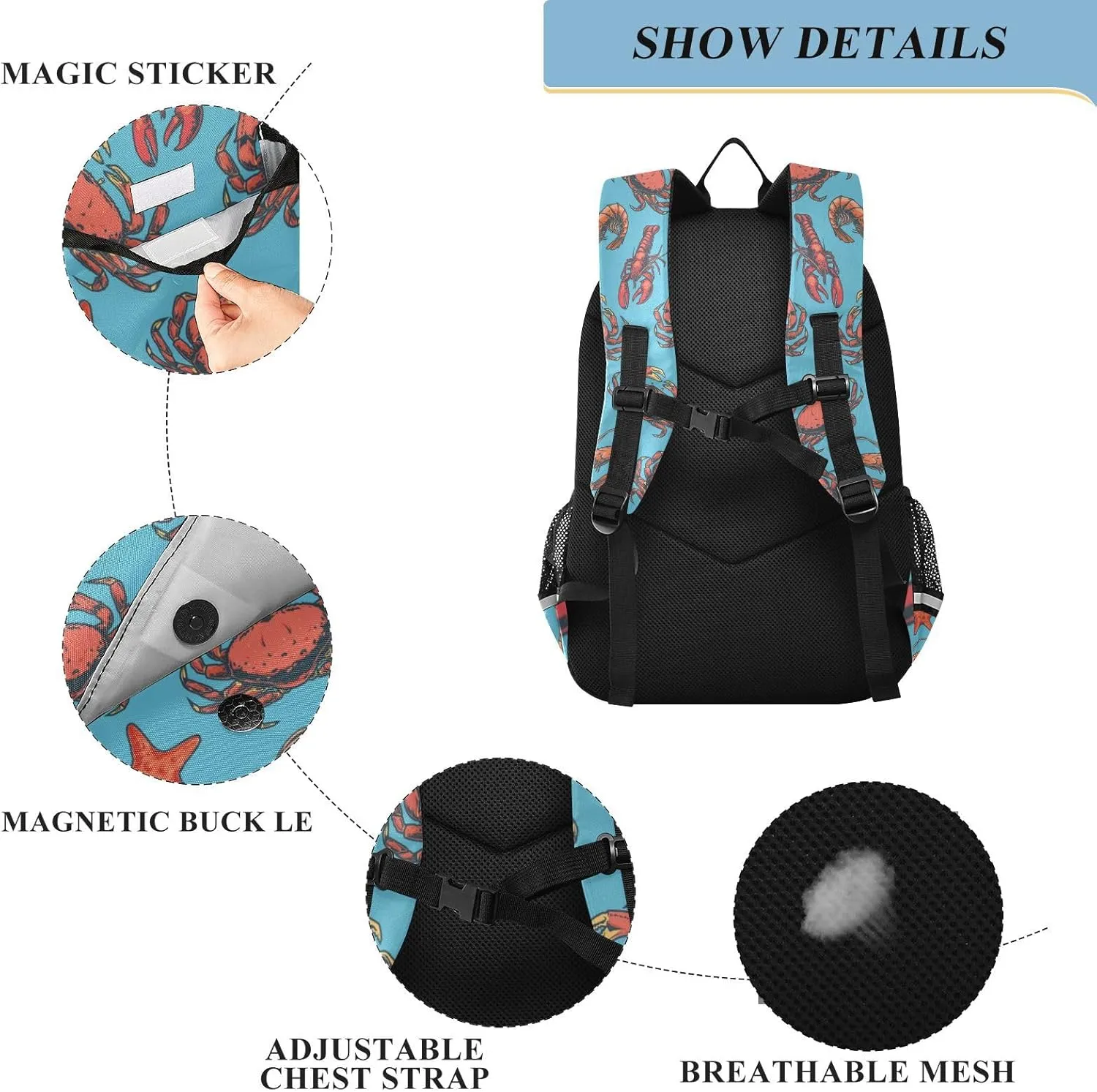 Kids Backpack Marine Crayfish Crabs Blue Toddler Teens Backpack for Boys and Girls with Chest Strap,School Students Bookbag Daypack for Preschool Kindergarten Elementary