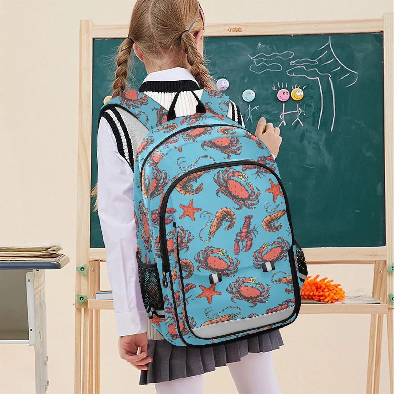 Kids Backpack Marine Crayfish Crabs Blue Toddler Teens Backpack for Boys and Girls with Chest Strap,School Students Bookbag Daypack for Preschool Kindergarten Elementary