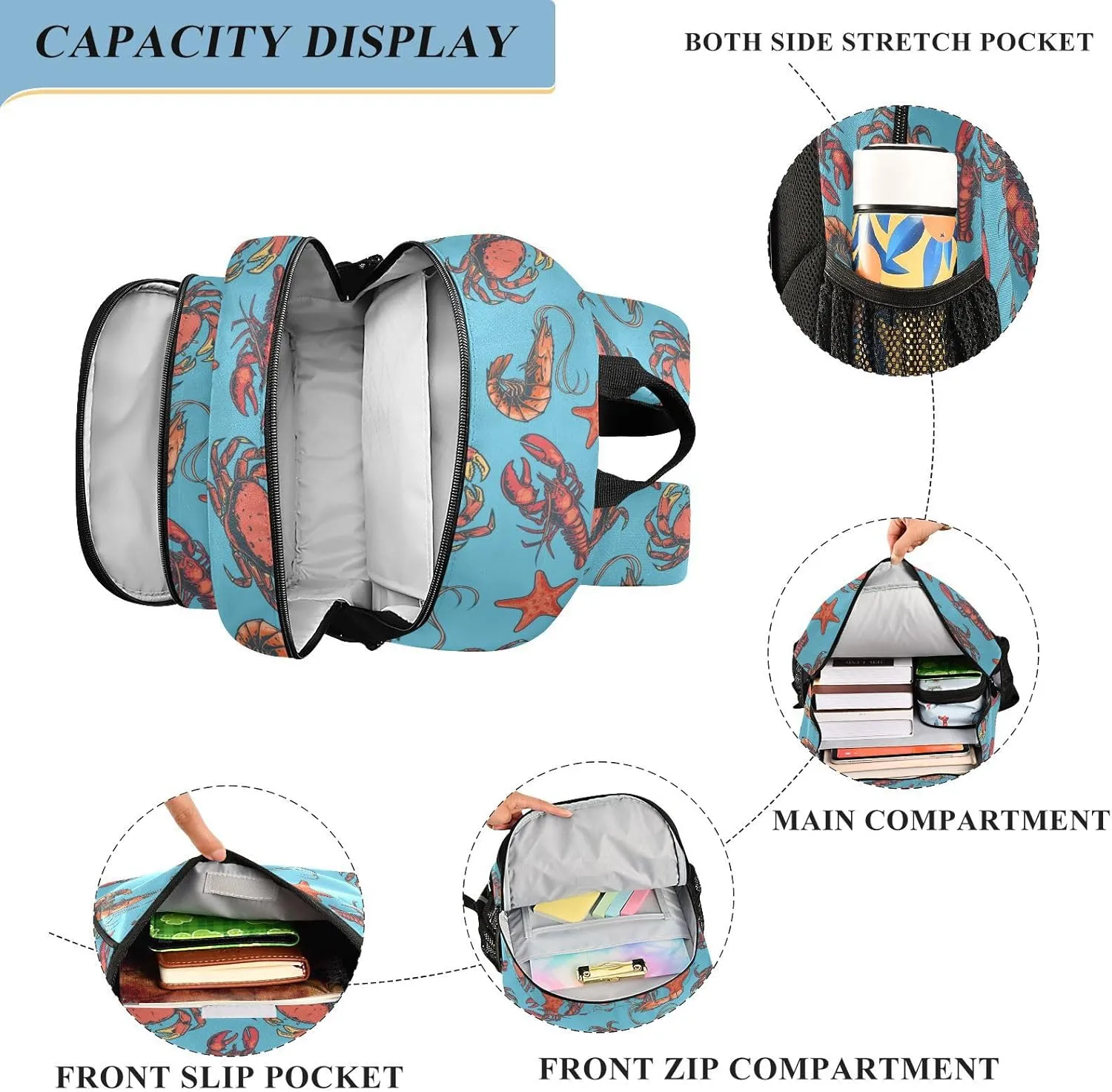 Kids Backpack Marine Crayfish Crabs Blue Toddler Teens Backpack for Boys and Girls with Chest Strap,School Students Bookbag Daypack for Preschool Kindergarten Elementary