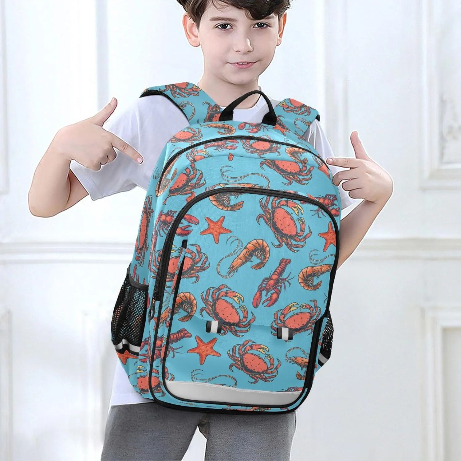 Kids Backpack Marine Crayfish Crabs Blue Toddler Teens Backpack for Boys and Girls with Chest Strap,School Students Bookbag Daypack for Preschool Kindergarten Elementary