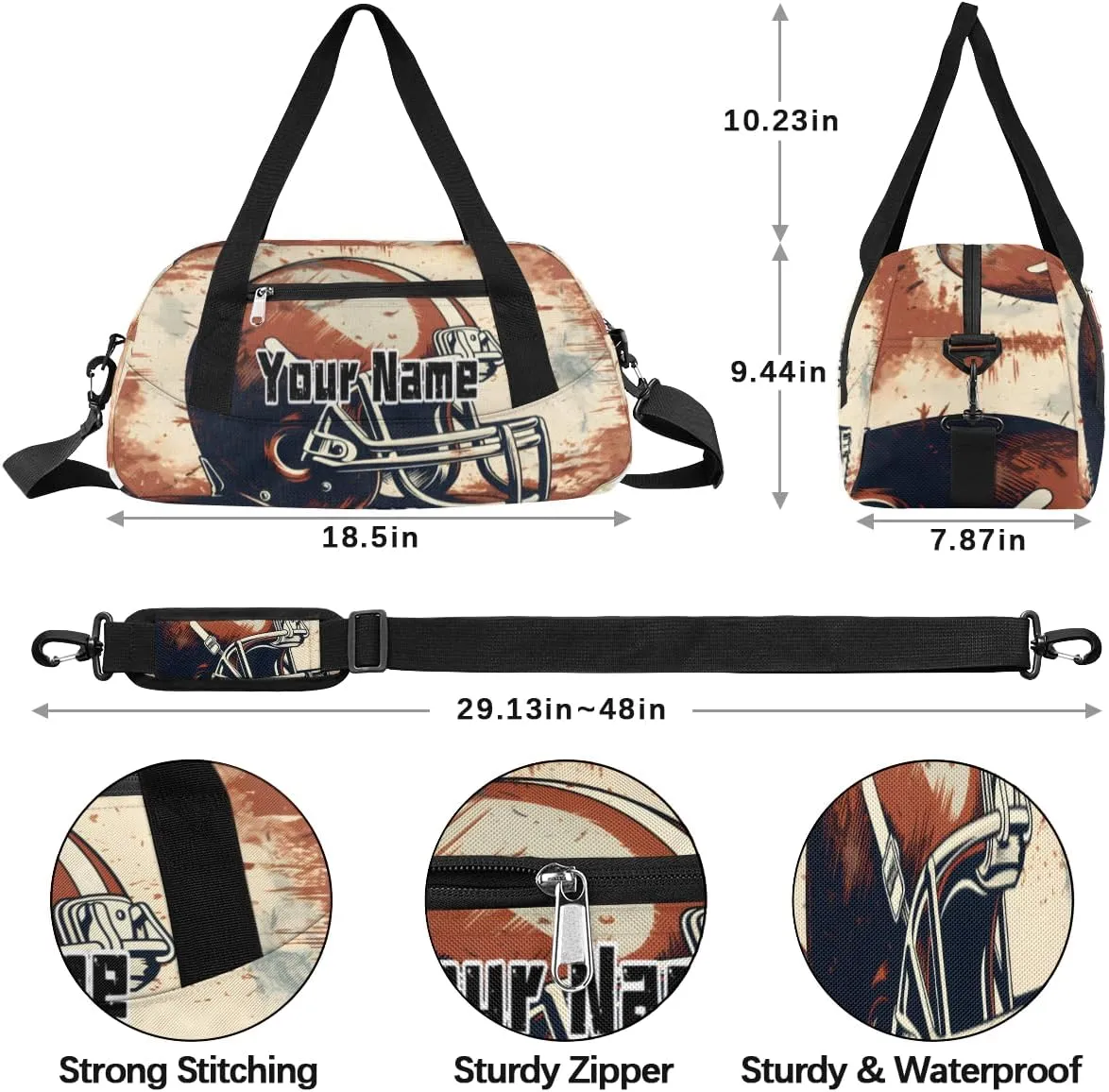Kids Duffel Overnight Bag Boys American Football Helmet Sports, Ball Waterproof Gym Sports Duffle Bag Teen Personalized Travel Gymnastic Weekender Bag Custom Carry on Tote Bag for Boys