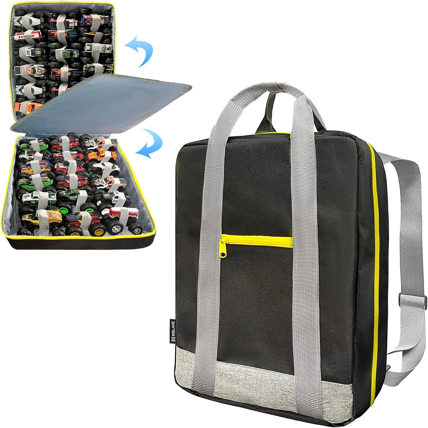KISLANE Monster Trucks Storage Backpack - Versatile Carrying Case With Front Compartment and 2 Storage Pages for 36 Trucks - Ultimate Holder and Organizer